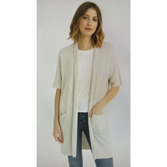 Eileen Fisher Cardigan Sweater Neutral Open Front Pockets Large wool womens - Picture 1 of 9